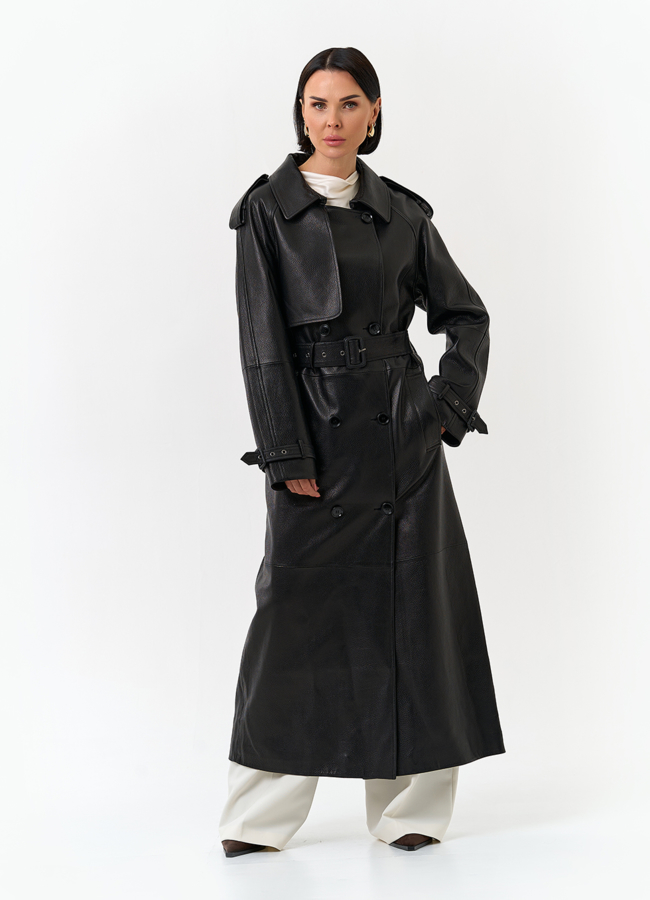 фото Женский длинный плащ из натуральной кожи модель № 32903