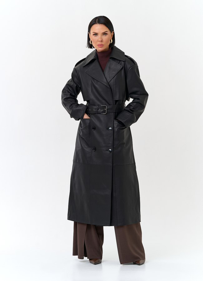фото Женский плащ из натуральной кожи с поясом модель № 32901