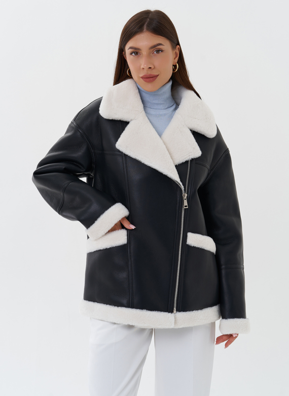 Дубленка из эко кожи черного цвета с черным эко мехом