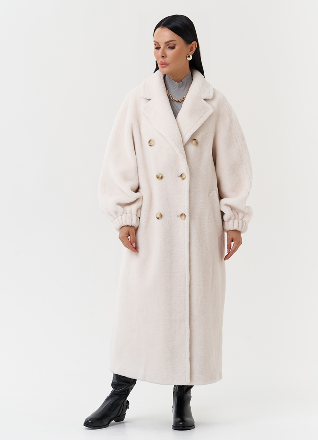 Двубортное пальто из шерсти модель № 28540 меха малина