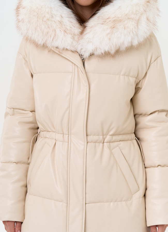 Женский пуховик из эко кожи с отделкой из эко меха модель № 30733 универмаг малина