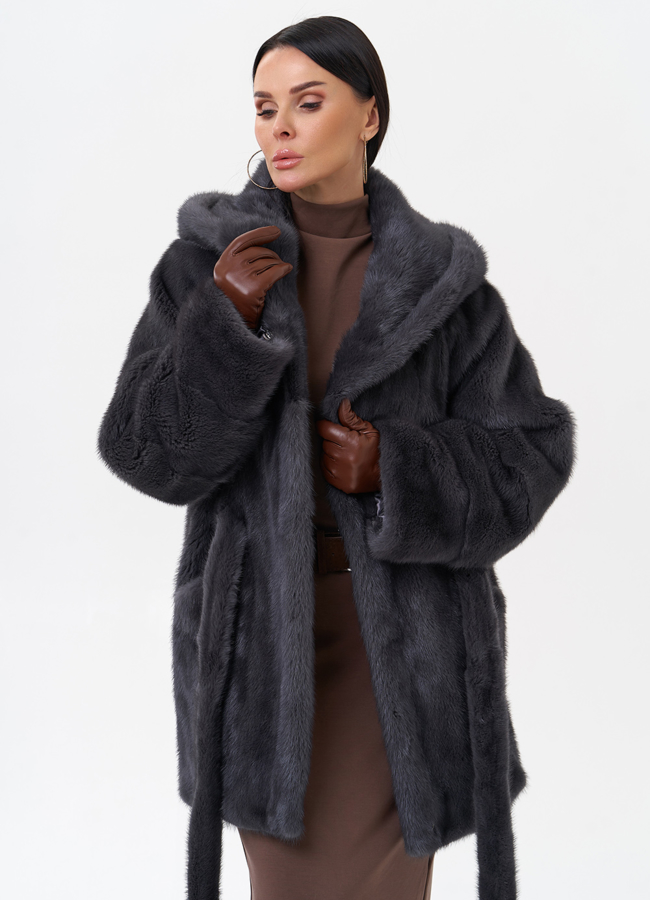 Короткая норковая шуба с капюшоном модель № 29522 универмаг малина