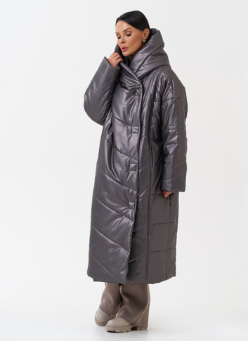 Пуховик из эко кожи с капюшоном