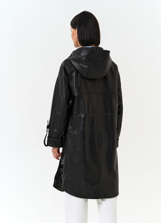 Женский плащ из натуральной кожи с капюшоном модель № 33142 в рассрочку