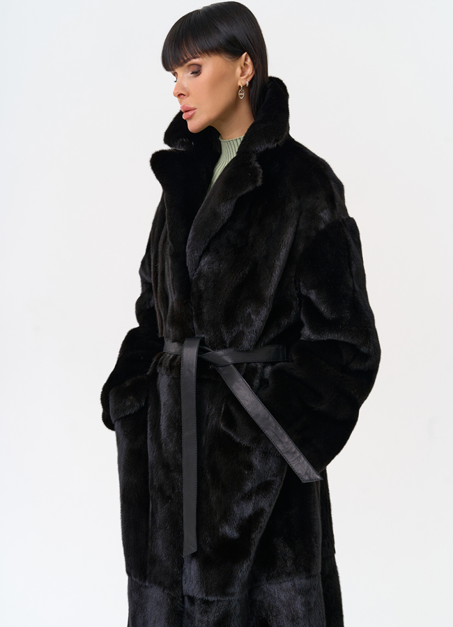 Длинная шуба из меха норки blackglama с поясом модель № 31636 универмаг малина