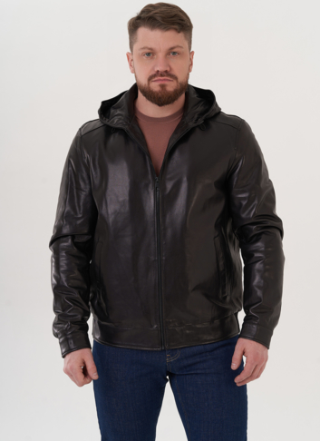 Мужской кожаный бомбер с капюшоном