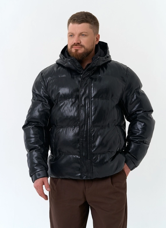 Мужской пуховик из эко кожи с капюшоном фото