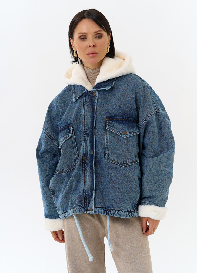 Женская утепленная джинсовая куртка с отделкой из эко меха модель № 31912 универмаг малина