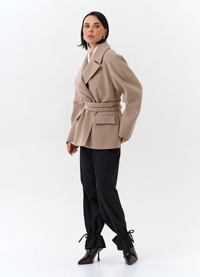 Женское укороченное пальто с двойным поясом модель № 32503 в рассрочку