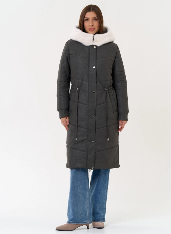 Женское пальто из эко кожи с капюшоном фото