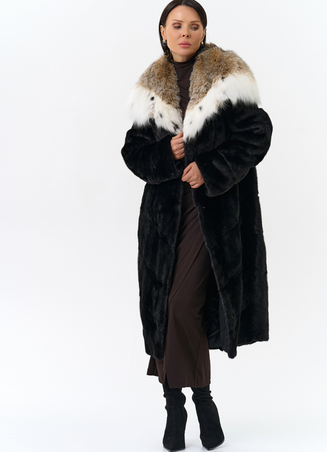 Норковая шуба черного цвета с рысью модель № 25004 универмаг малина