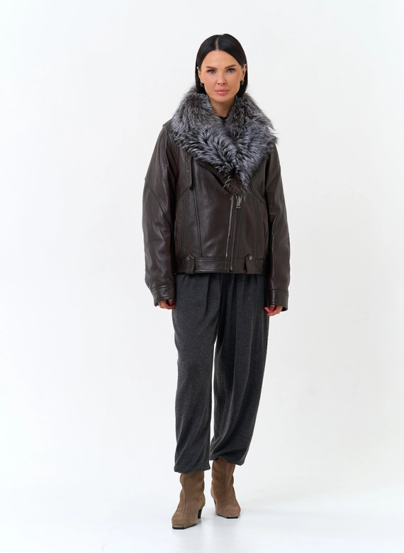 Женский пуховик из натуральной кожи с чернобуркой фото