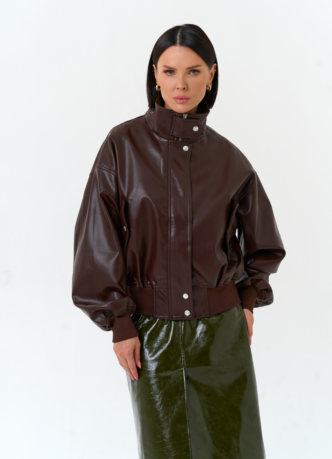 Женская куртка бомбер из эко кожи модель № 33155 меха малина