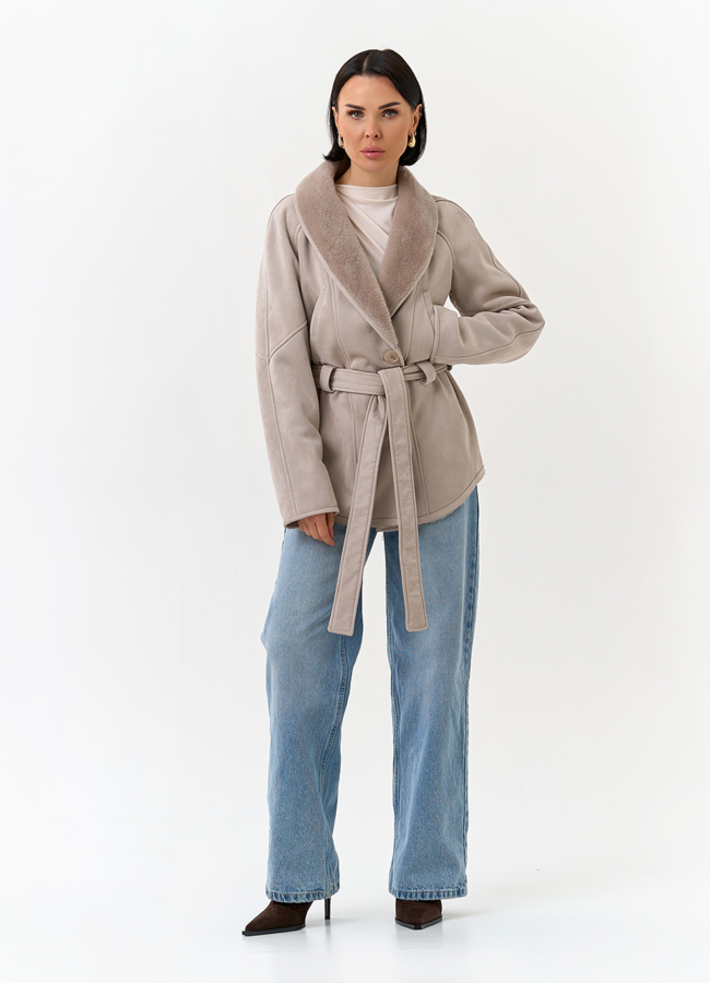Женская дубленка из эко замши с поясом модель № 32793 в кредит
