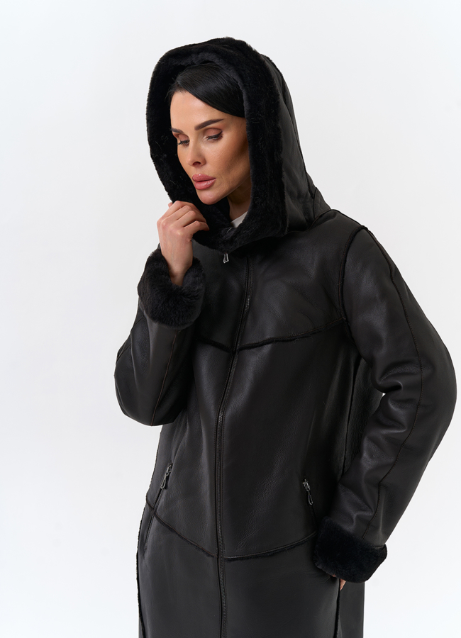 Женская натуральная дубленка с капюшоном модель № 32199 универмаг малина