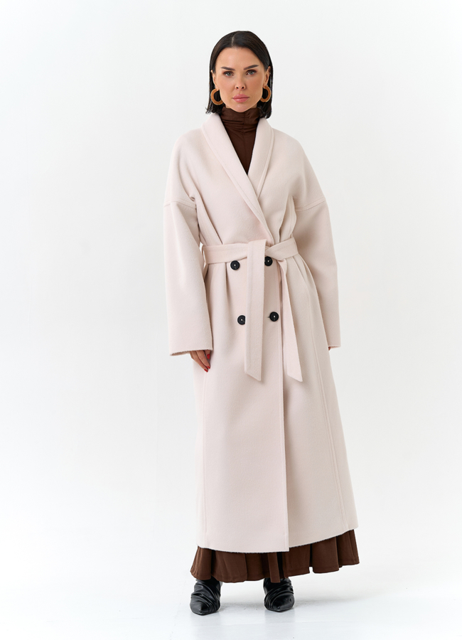 Светлое женское пальто с воротником шаль модель № 32726 в кредит