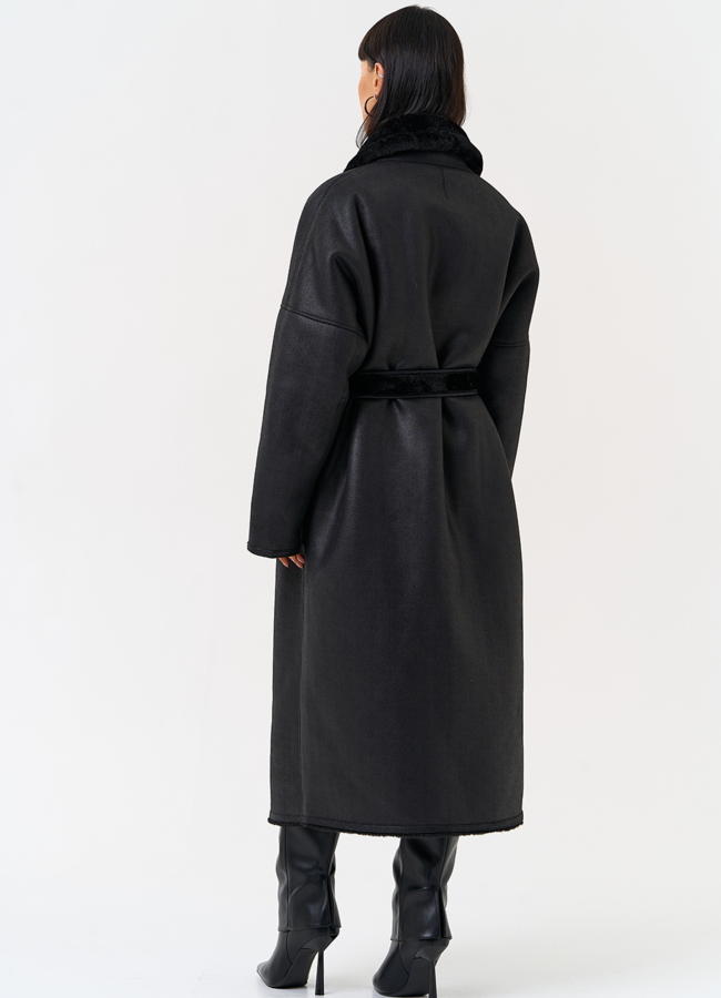 фото Женская двухсторонняя дубленка из эко замши с воротником шаль модель № 31506