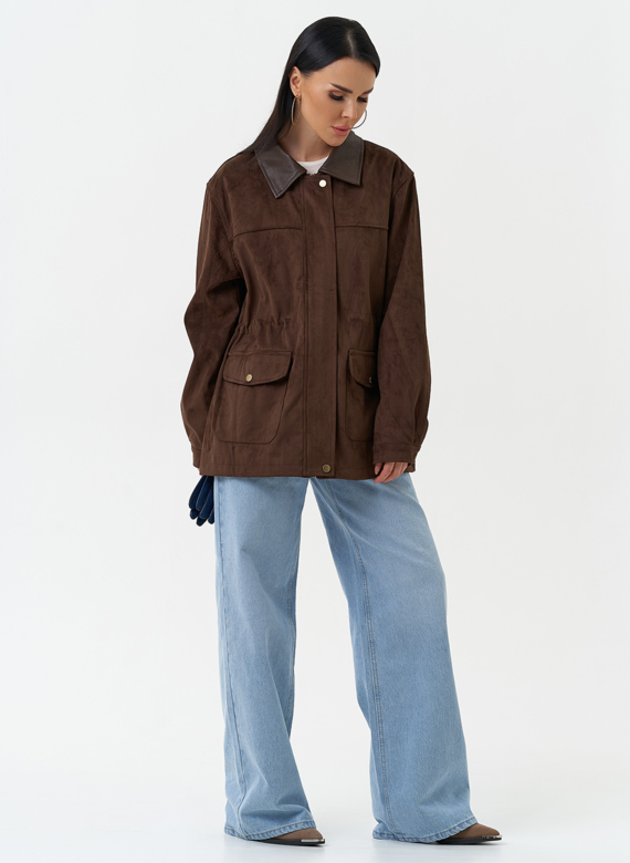 Женская парка из эко замши коричневого цвета