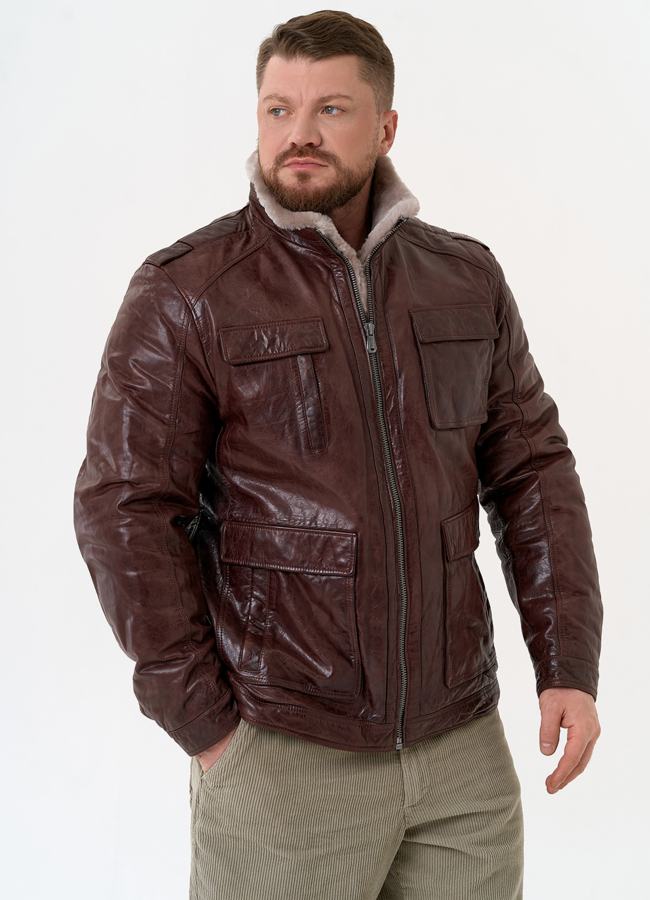 фото Куртка из натуральной кожи коричневого цвета модель № 31419