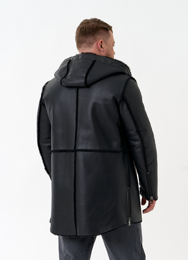 фото Мужская натуральная дубленка с капюшоном модель № 32060