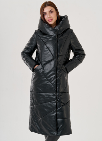 Черный длинный пуховик из эко кожи Malina Siberian