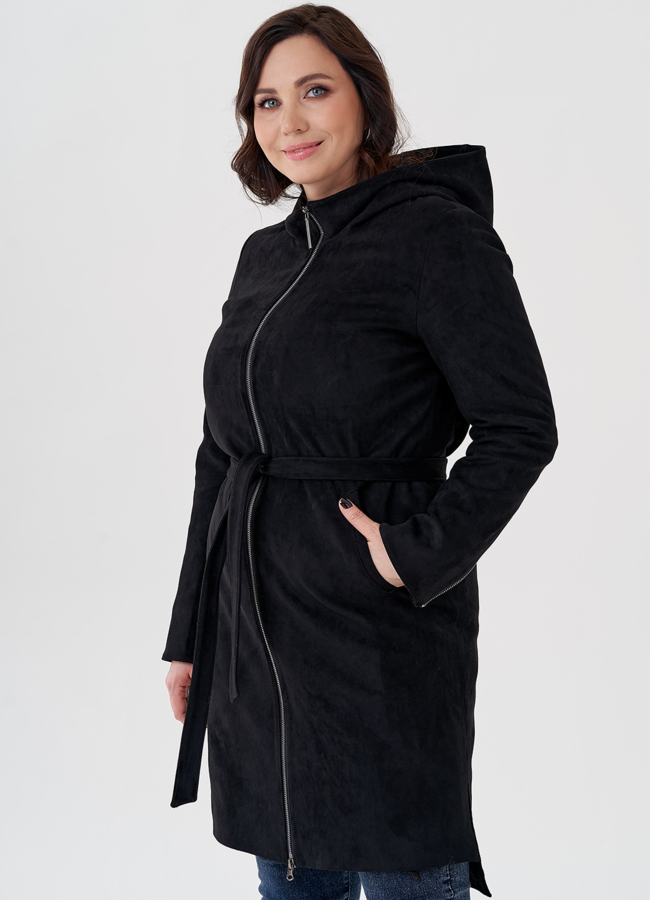 Полупальто из эко замши на утеплителе с капюшоном модель № 80236 в кредит