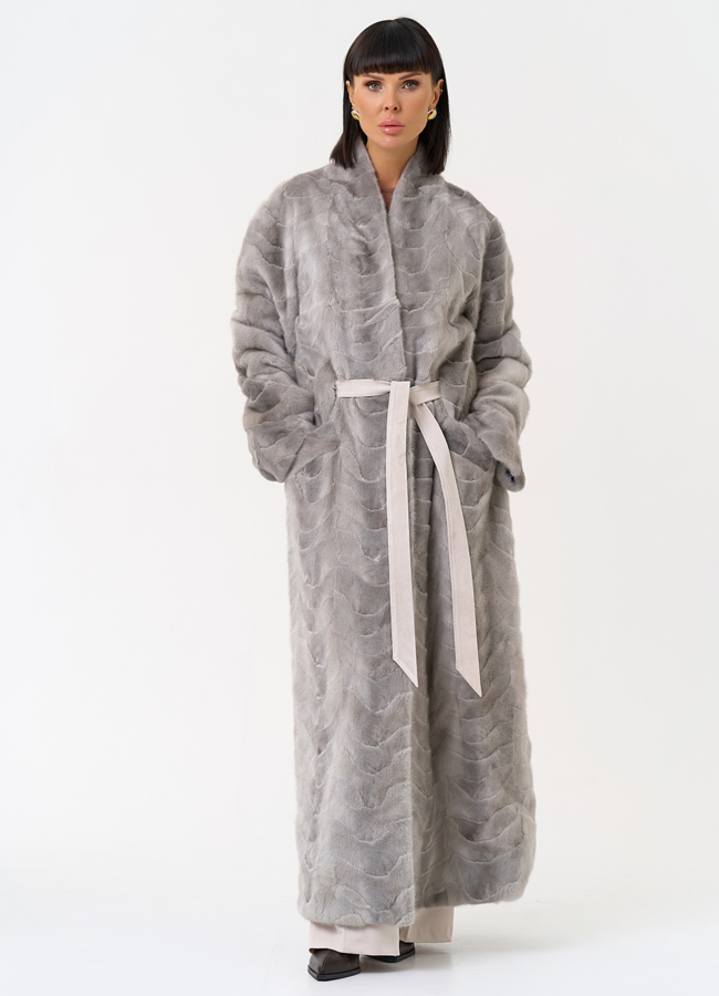 фото Длинная шуба из меха норки с поясом модель № 31295