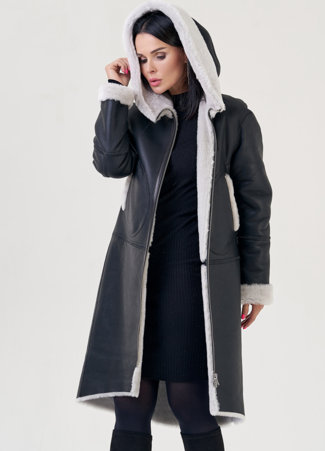 Двухсторонняя женская дубленка с капюшоном модель № 23192 универмаг малина