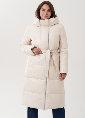 Пуховик из эко кожи молочного цвета с капюшоном