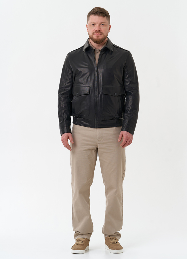 Мужская куртка из натуральной кожи черного цвета  модель № 30068 в рассрочку