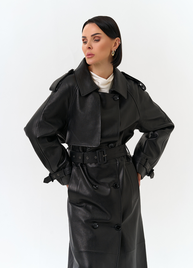 Женский длинный плащ из натуральной кожи модель № 32903 меха малина