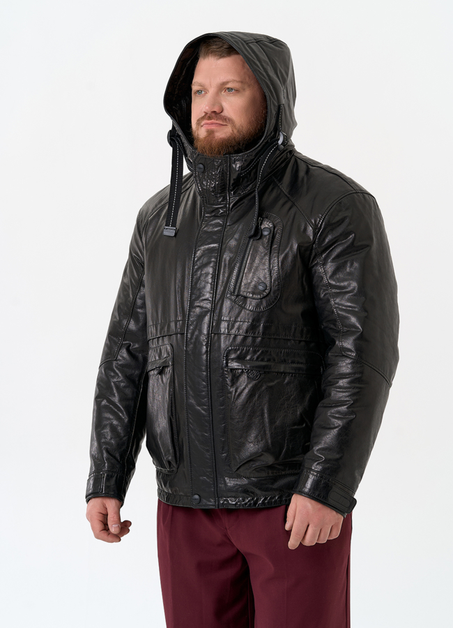Мужская куртка из натуральной кожи с капюшоном модель № 32548 универмаг малина