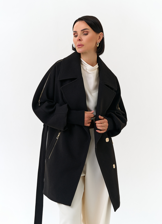 Женское укороченное пальто с декоративными молниями модель № 32805 универмаг малина