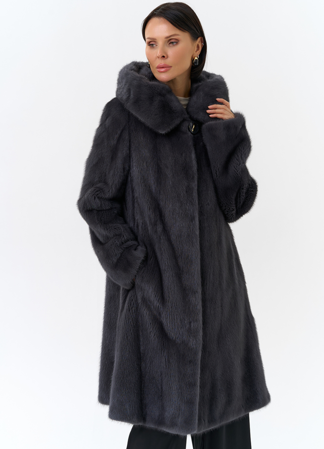 Норковая шуба годе/балетка в роспуск с капюшоном цвета графит модель № 27646 меха малина