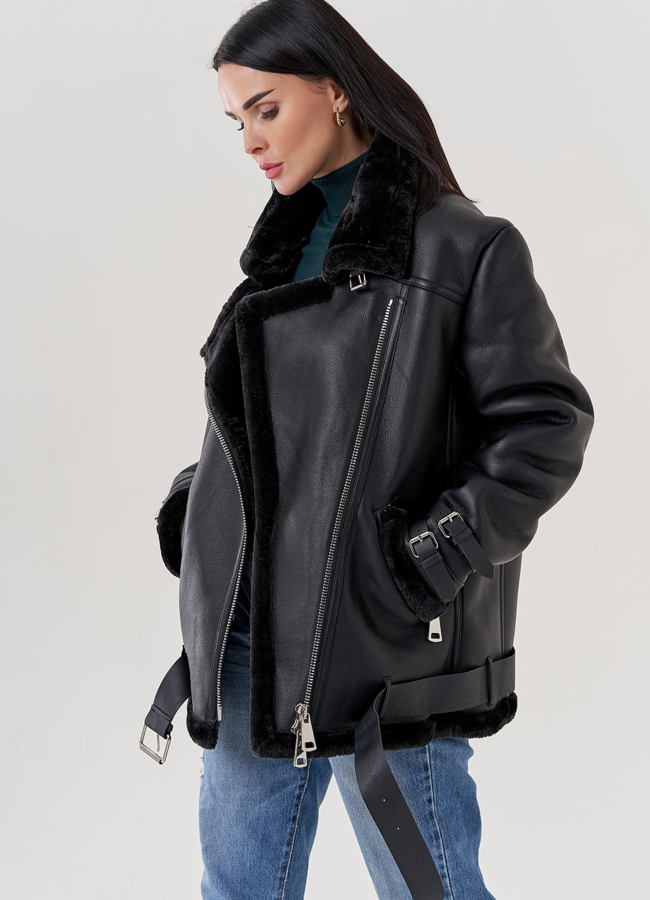 Женская дубленка пилот из эко кожи черного цвета  модель № 79311 в рассрочку