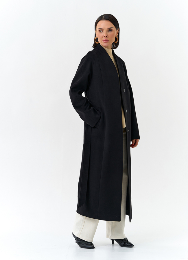Женское пальто черного цвета с поясом модель № 32685 универмаг малина