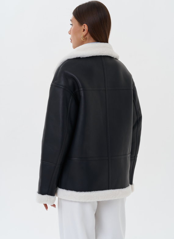 Дубленка из эко кожи черного цвета с черным эко мехом