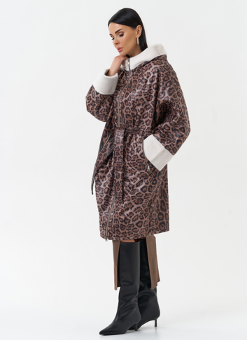 Женская дубленка из эко замши с поясом