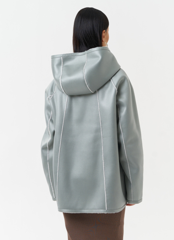 Женская дубленка из эко замши с капюшоном