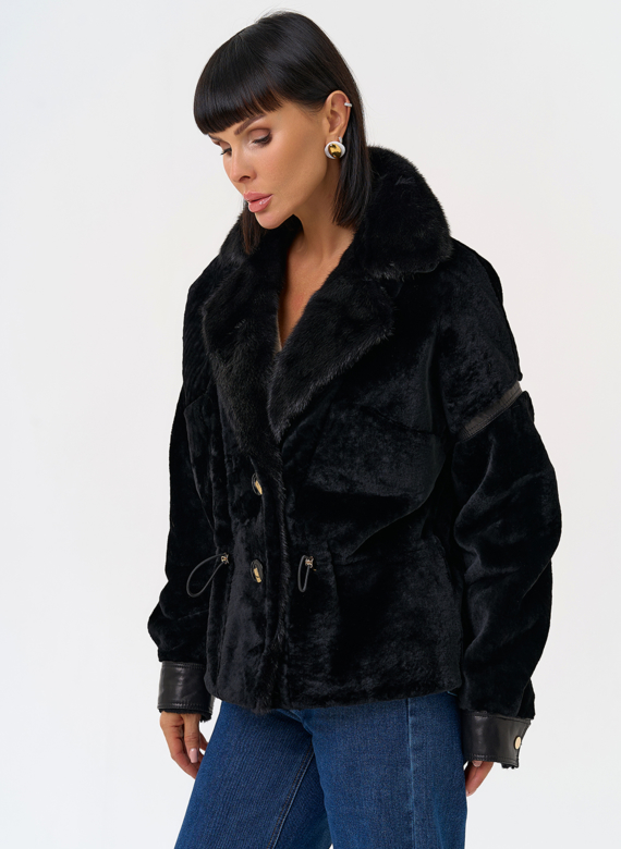 Женская короткая дубленка с английским воротником из меха норки