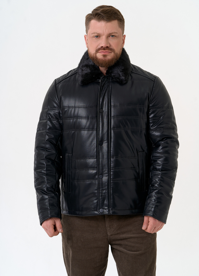 Пуховик из эко кожи с воротником стойкой модель № 31723 меха малина