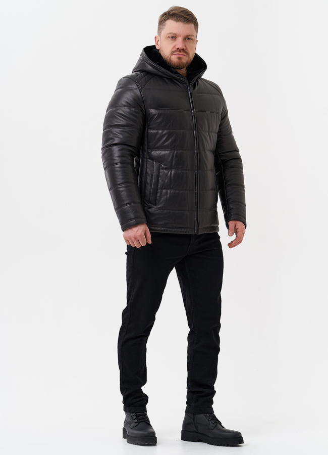 Пуховик из натуральной кожи с отделкой из мутона модель № 25453 в кредит